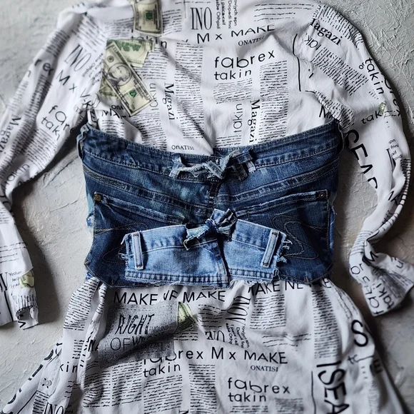 Designer Corset Sexy Top Upcycled Denim Distressed Fabric Boho Shabby Chic - Picture 8 of 14